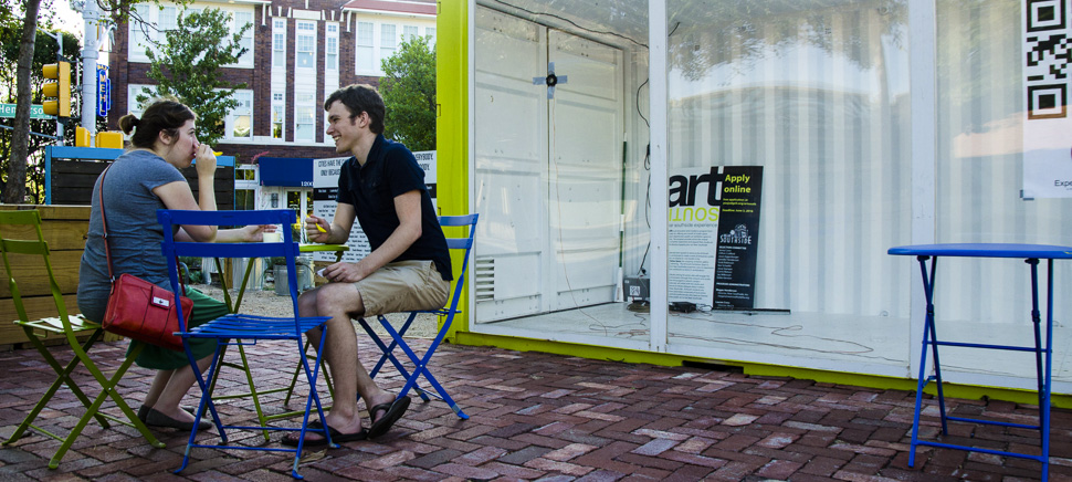 A couple enjoys the Micro Park on the corner of Magnolia and Henderson in Fort Worth, Texas. [Photo: Hannah Ridings]