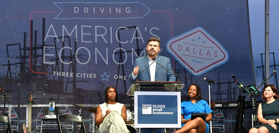Dr. Justin Lonon, vice chancellor of Dallas College, addresses the crowd at the recent Goldman Sachs 10,000 Small Businesses Dallas Graduation. [Photo: 10KSB]