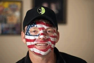 Founder of The Gameface Company wears his company's 'USA Fan Face.' All of The Gameface Company's products are American made. Photo by Miles Marshall.