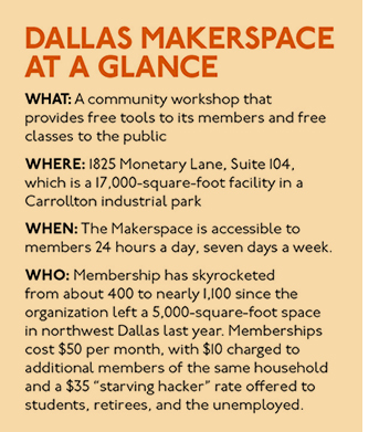 WHAT: A community workshop that provides free tools to its members and free classes to the public Where: 1825 Monetary Lane, Suite 104, which is a 17,000-square-foot facility in a Carrollton industrial park When: The Makerspace is accessible to members 24 hours a day, seven days a week. Who: Membership has skyrocketed from about 400 to nearly 1,100 since the organization left a 5,000-square-foot space in northwest Dallas last year. Memberships cost $50 per month, with $10 charged to additional members of the same household and a $35 “starving hacker” rate offered to students, retirees, and the unemployed.
