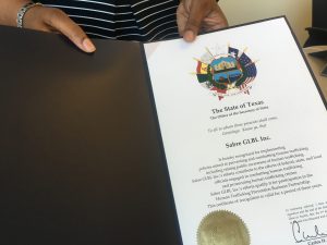 The certificate from the Texas Secretary of State for the efforts against human trafficking in travel and tourism.