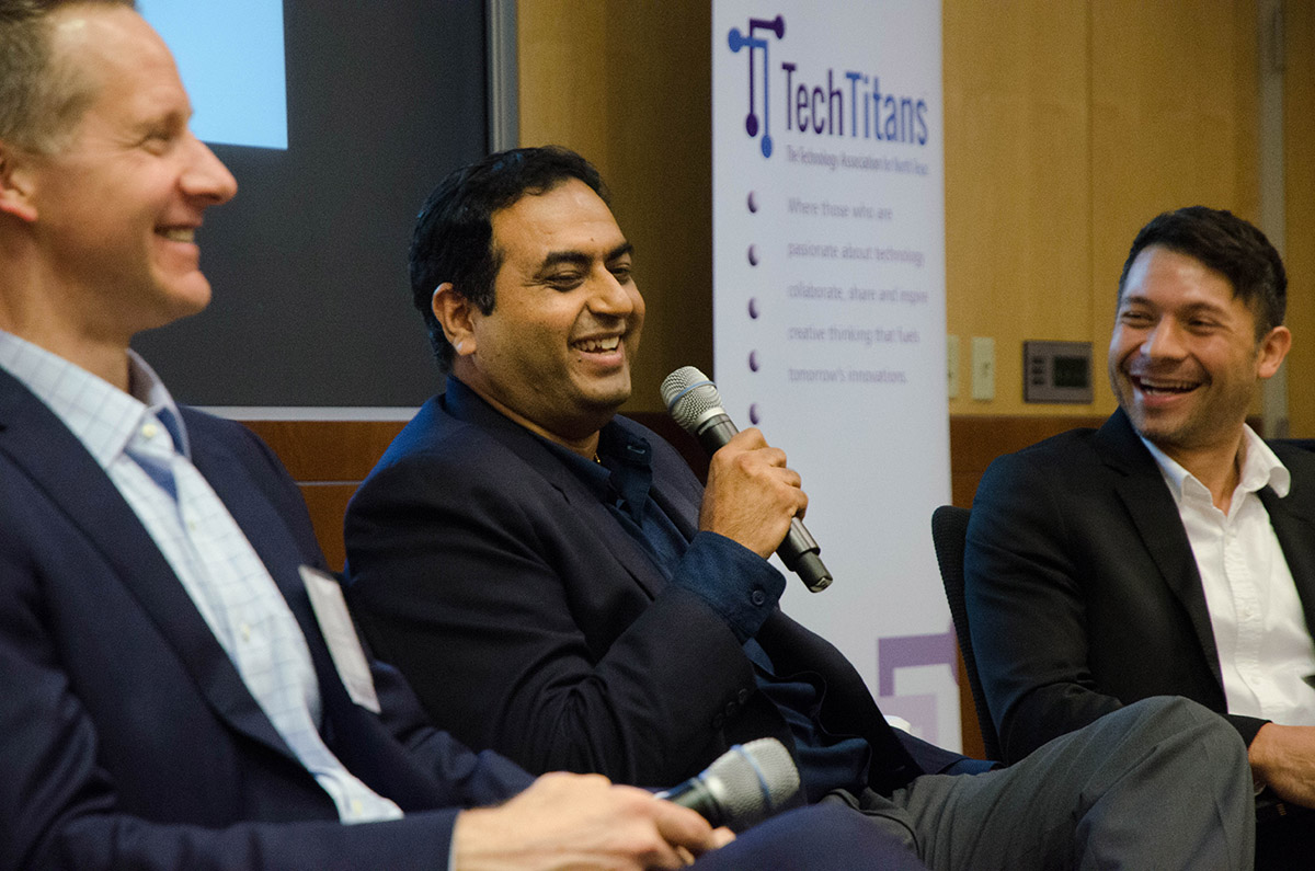 Ray Bajaj, a speaker at UT Dallas Tech Titans, jokes about building a tech mother who will know all the answers. Photo by Hannah Ridings.