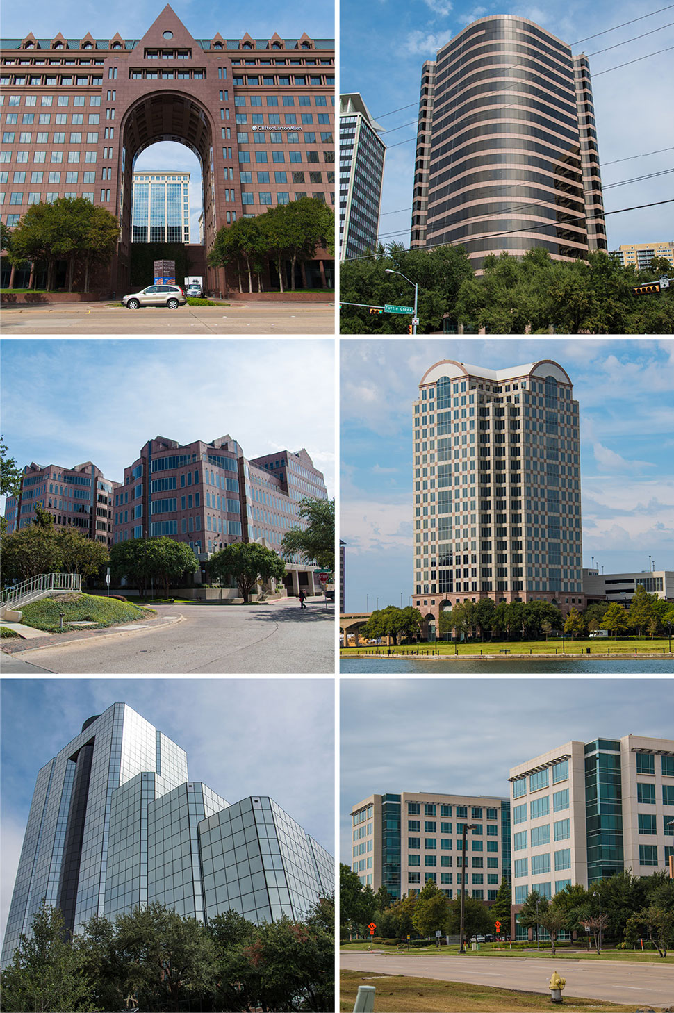 Top row: Providence Towers and 3811 Turtle Creek Boulevard; Second row: Preston Commons and Tower 909; Third row: Highland Park Place and Legacy Town Center. [Photos: Michael Samples]