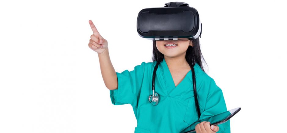 Asian Little Chinese Girl playing doctor with tablet and VR goggles in isolated white background.