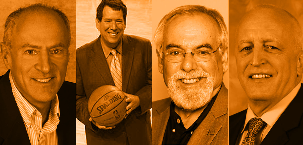 John Rhadigan will emcee a roundtable discussion among local radio play-by-play sports voices (from left) Eric Nadel, Brad Sham, Chuck Cooperstein, and Dave Strader. 