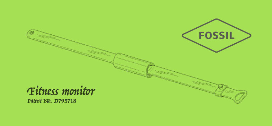 A Design Patent for a fitness monitor was granted to Fossil Group Inc. in Richardson. [IMAGE CREDITS: Patent Illustration, Fossil Group Inc. via USPTO; Logo, Fossil]