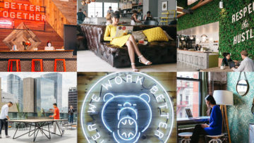 Clockwise from left: WeWork unique coworking spaces in Seattle, DC, LA, Varsovia (Mexico), Boston, and Soho.