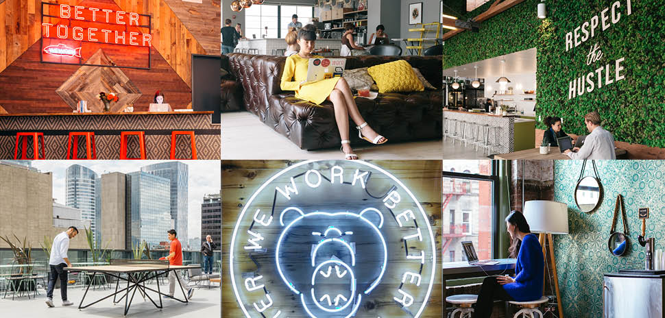 Clockwise from left: WeWork unique coworking spaces in Seattle, DC, LA, Varsovia (Mexico), Boston, and Soho.