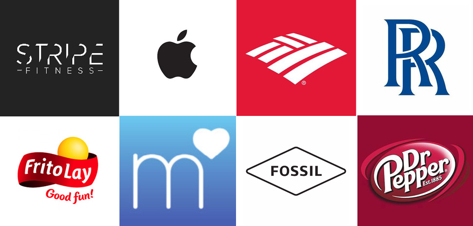 Clockwise from upper left: Companies assigned patents include Stripe Fitness, Apple, Bank of America, Rolls-Royce Corporation, Dr Pepper/Seven Up, Fossil Group, Match.com, and Frito-Lay North America.