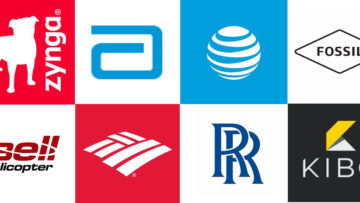 Clockwise from upper left: Zynga, Abbott Laboratories, AT&T, Fossil Group, Kibo Software, Rolls Royce, Bank of America, and Bell Helicopter.