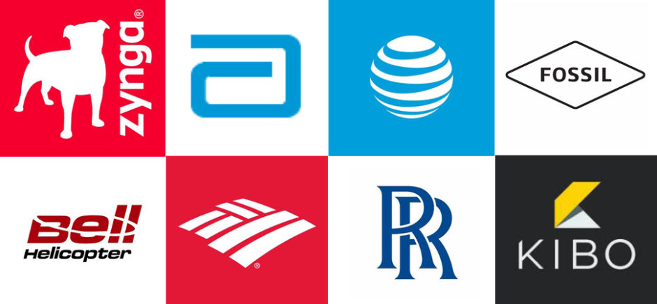 Clockwise from upper left: Zynga, Abbott Laboratories, AT&T, Fossil Group, Kibo Software, Rolls Royce, Bank of America, and Bell Helicopter.