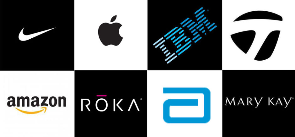 Clockwise from upper left: NIKE, Apple, IBM, Taylor Made Golf, Mary Kay, Abbott Medical Optics, ROKA Sports, Amazon