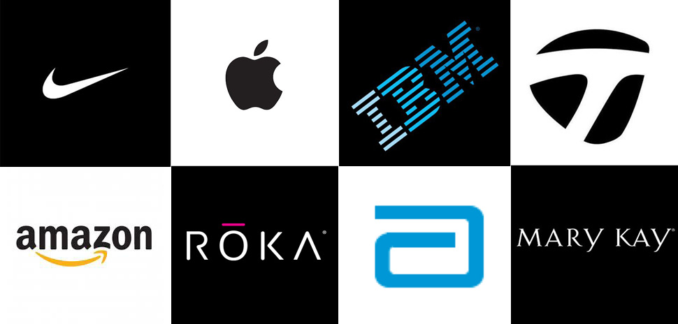 Clockwise from upper left: NIKE, Apple, IBM, Taylor Made Golf, Mary Kay, Abbott Medical Optics, ROKA Sports, Amazon