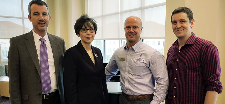 Alem Boukadoum (CEO, Sway Medical), Dr. Susan Weeks (Dean and Executive Director, Health Innovation Institute at TCU), Dr. Jonathan Oliver (Director, TCU Sport Science Center), and Chase Curtiss