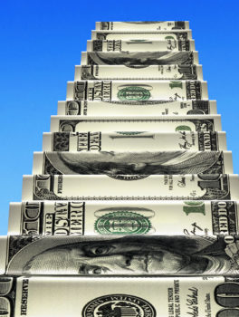 Money stairs with white 2016 arrow up shape clouds in blue sky.