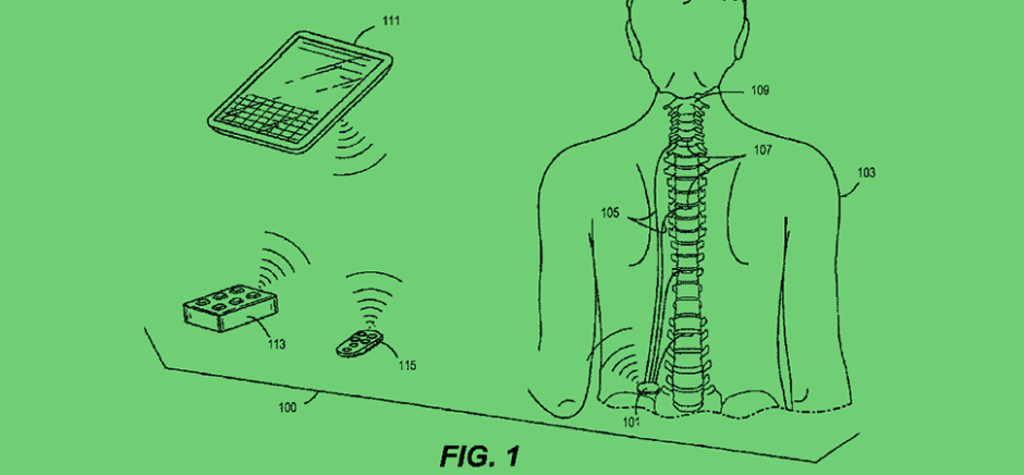 An illustration from Nuvectra Corporation’s patent No. 9974108 shows paired communication between an implanted medical device and an external control device. [via USPTO]