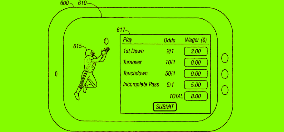 An illustration from Micro-Gaming Ventures’ patent No. 9978218 depicts a method and system for micro-betting. The wager(s) can be managed and controlled remote from electronically placing the micro-bet(s) during a round of micro-betting, according to the patent documents. [Via USPTO]