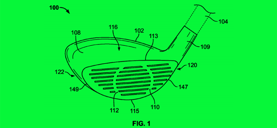An illustration from Nike’s patent No. 9999812 shows a golf club head with body features that are influenced by an impact. [Illustration: USPTO]