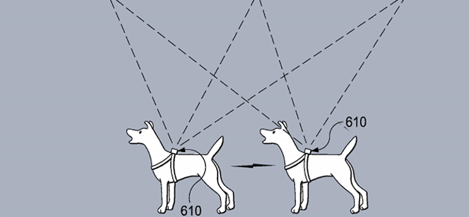 Botsitter’s patent #10049278 is system for remote care of an animal includes a robotic animal caregiver. Detail from Fig. 17 shows a smart collar that can determine geolocation and relay behavior information of an animal. [Illustration: USPTO, Patent 10049278]