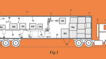 An illustration from Daifuku’s patent No. 10035667 that demonstrates an industrial robot that will automatically unload products, such as boxes or cases, from trucks. The robot will selectively remove boxes with a “suction cup-based gripper arm” and place the product on a “powered transportation path.”