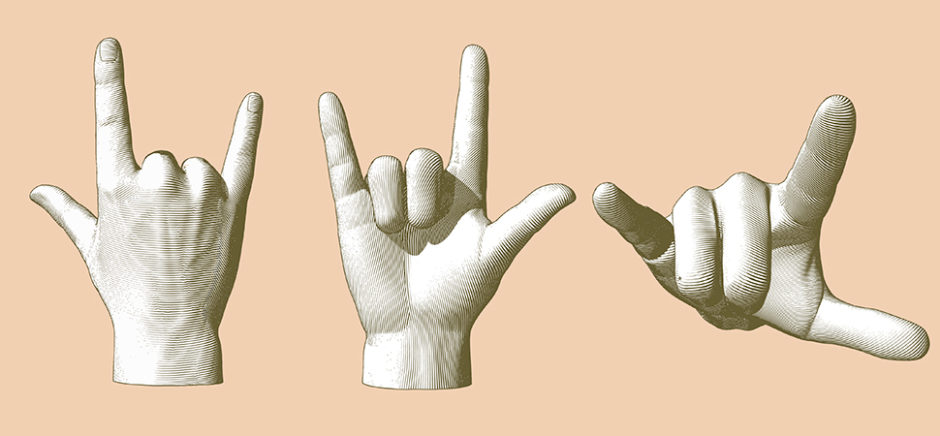 KinTrans Sign Language Translation Tech: Stock image of a hand sign pose "I Love You."