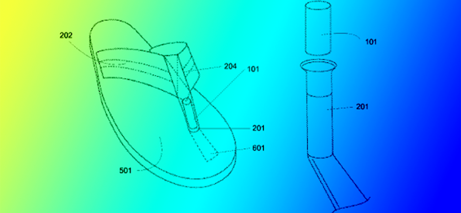 Dallas flip-flop maker Hari Mari has a new patent for footwear with an enhanced toe post. [DI composite. Illustration source: USPTO.]