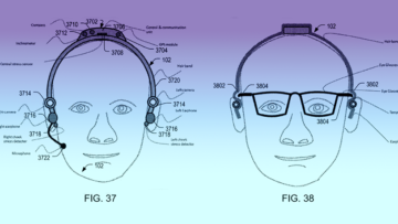 Figures 37 and 38 from SanDisk's patent No. 10,110,805 show various embodiments of its head-mountable camera devices. [DI Composite. Source Images: USPTO]
