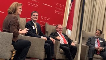 Dallas Regional Chamber Year Ahead Summit: Susan Warren, Dallas Bureau Chief of Bloomberg News, moderated a panel of economic and political experts including Ray Perryman, President and CEO of The Perryman Group; Cullum Clark, Director, Bush Institute-SMU Economic Growth Initiative and an Adjunct Professor of Economics at SMU; and Julius W. Hobson Jr., Senior Policy Advisor at Polsinelli [Image: Cookesy PR, Polsinelli]