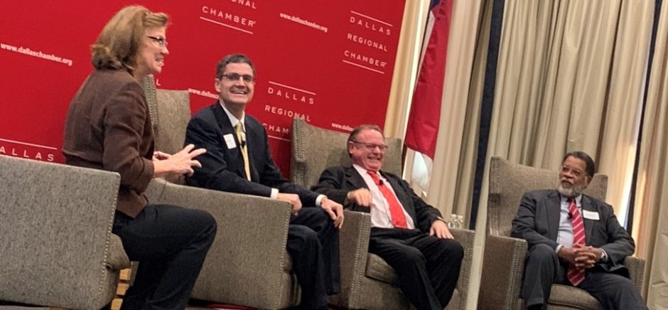 Dallas Regional Chamber Year Ahead Summit: Susan Warren, Dallas Bureau Chief of Bloomberg News, moderated a panel of economic and political experts including Ray Perryman, President and CEO of The Perryman Group; Cullum Clark, Director, Bush Institute-SMU Economic Growth Initiative and an Adjunct Professor of Economics at SMU; and Julius W. Hobson Jr., Senior Policy Advisor at Polsinelli [Image: Cookesy PR, Polsinelli]