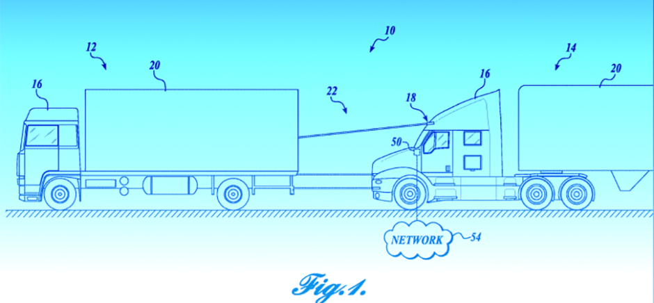 Platooning trucks create “road trains” where two or more trucks follow each other closely. Paccar’s platooning light fence system may communicate to passenger vehicles that trucks are traveling as a team to discourage cut-ins or cut-offs. [Illustration: Fig. 1, Patent No. 10220768 via USPTO. Background: Dallas Innovates.]