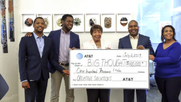 From left: Roger Taylor, manager of probation services for the Dallas County Juvenile Services Department; Byron Sanders, Big Thought President and CEO; U.S. Rep. Eddie Bernice Johnson, (D)-Dallas; and Ty Bledsoe, assistant vice president for external affairs at AT&T; Erin Offord, senior director of programs at Big Thought. [Photo: Rachel Walters]