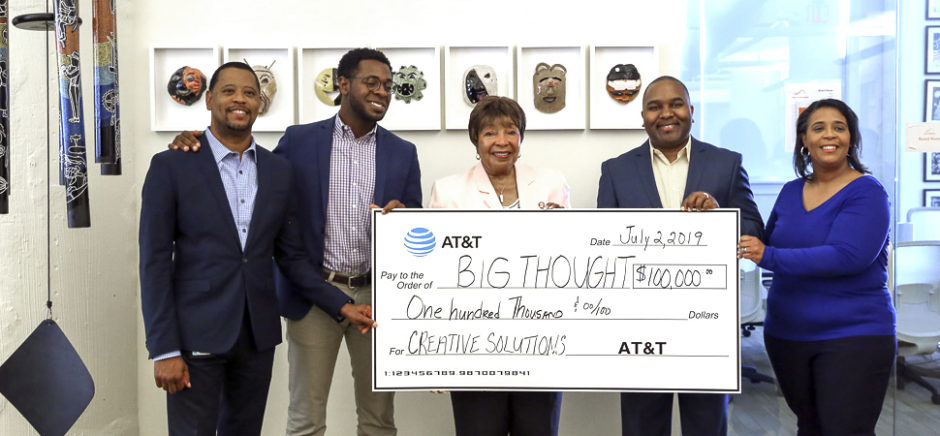 From left: Roger Taylor, manager of probation services for the Dallas County Juvenile Services Department; Byron Sanders, Big Thought President and CEO; U.S. Rep. Eddie Bernice Johnson, (D)-Dallas; and Ty Bledsoe, assistant vice president for external affairs at AT&T; Erin Offord, senior director of programs at Big Thought. [Photo: Rachel Walters]
