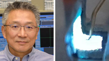 Dr. Moon Kim, Louis Beecherl Jr. Distinguished Professor of Materials Science and Engineering at UT Dallas shown with the research team's bendable electronics. [Images: Courtesy of UTD]