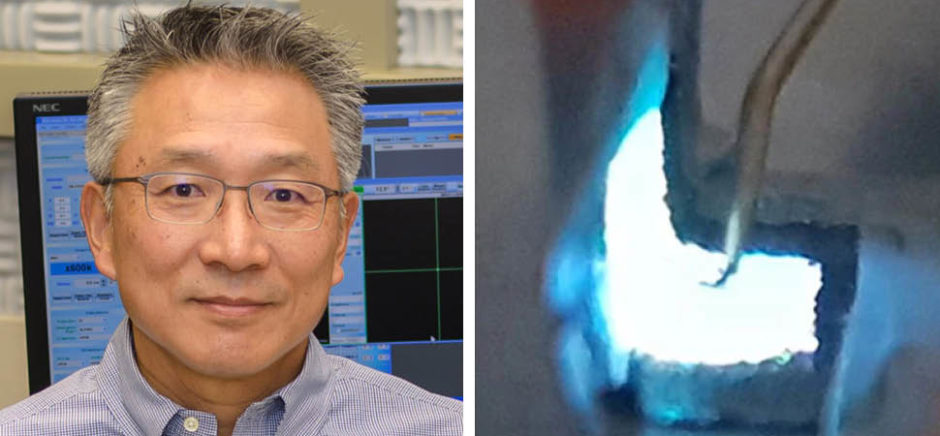 Dr. Moon Kim, Louis Beecherl Jr. Distinguished Professor of Materials Science and Engineering at UT Dallas shown with the research team's bendable electronics. [Images: Courtesy of UTD]