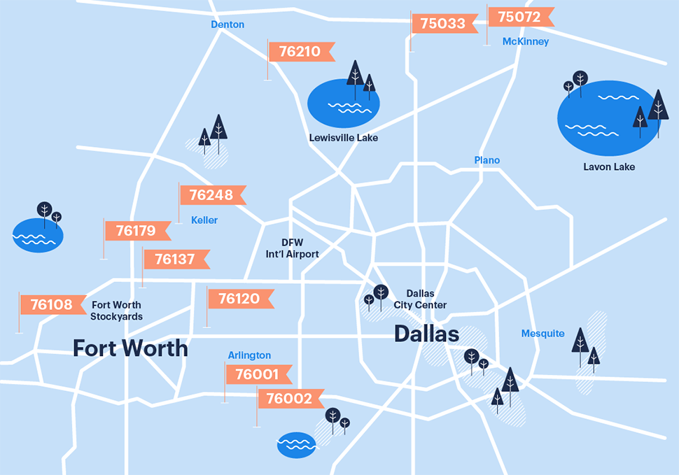 Hot Dallas fort Worth neighborhoods. These hot DFW ZIP codes are seeing a flurry of activity, according to Opendoor: 76002, Southeast Arlington; 75072, McKinney; 76137, Watauga; 76001, Arlington; 76179, Saginaw; 76120, Fort Worth; 76210, Corinth; 76248, Keller; 76108, White Settlement; and 75033, Frisco. [Map: Opendoor]