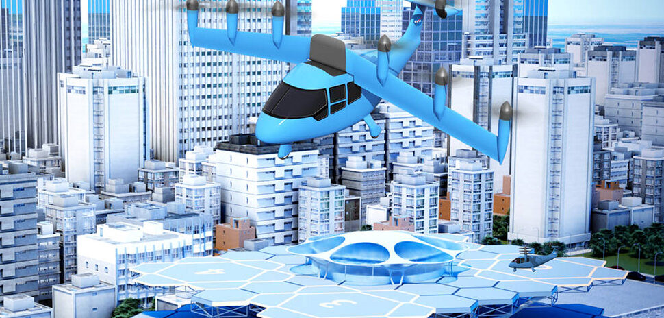 A NASA illustration depicts the idea of a future air taxi hovering over a municipal vertiport. [Rendering: NASA/Lillian Gipson and Kyle Jenkins]