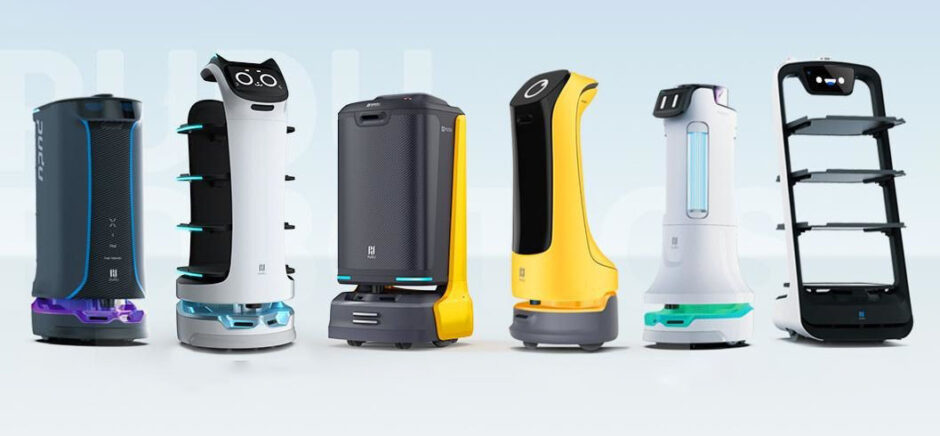 Pudu offers many commercial service robots. Free 1-week trials of the PuduBot food delivery robot (far right above) are being offered to Dallas restaurants for a limited time. [Image: Pudu Robotics]