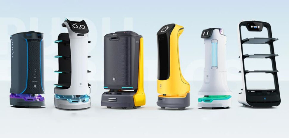 Pudu offers many commercial service robots.  Free one-week trials of the PuduBot food delivery robot (far right above) are being offered to Dallas restaurants for a limited time. [Image: Pudu Robotics]