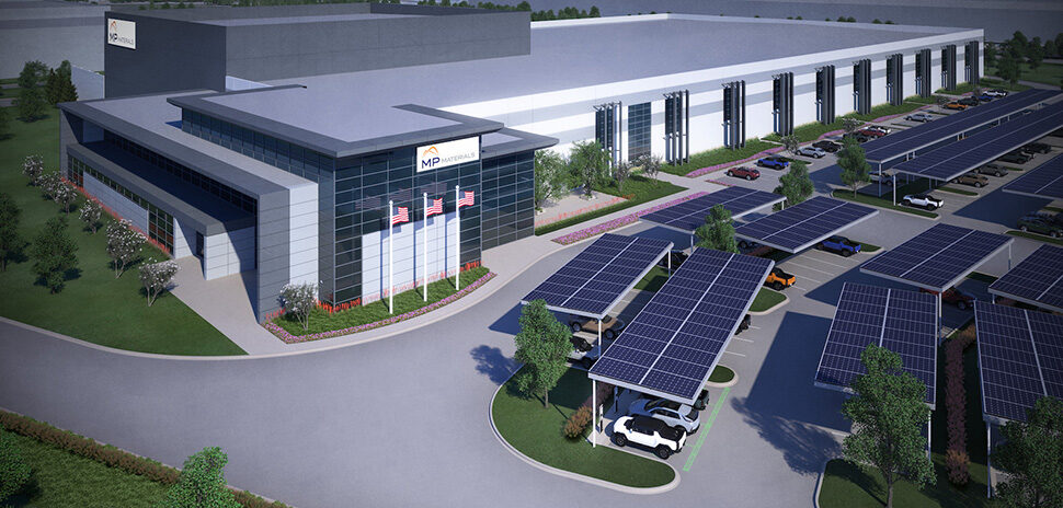 MP's new magnetics facility in Fort Worth's AllianceTexas development will source materials from Mountain Pass, California and aims to help restore a fully integrated US supply chain. [Rendering: MP Materials]