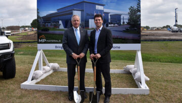 Ross Perot Jr., chairman of The Perot Group, and James Latinsky, MP Materials co-founder and CEO a the site of MP Materials new U.S. magnet factory at AllianceTexas in Fort Worth.