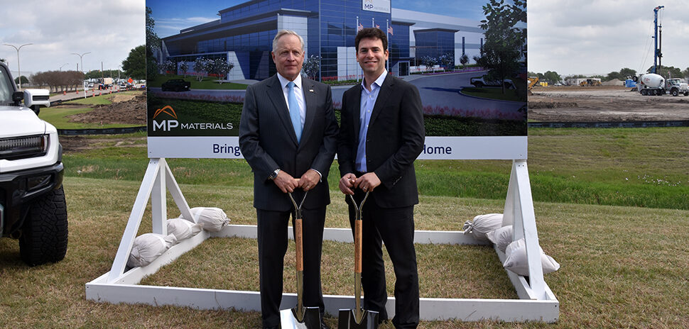 Ross Perot Jr., President of The Perot Group, and James Latinsky, Co-Founder and CEO of MP Materials at the site of MP Materials' new US magnet factory at AllianceTexas in Fort Worth.