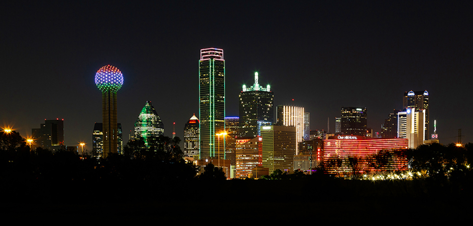 Why is the Dallas skyline green, orange, and white? Downtown Dallas skyline lights up for India's Independence Day.