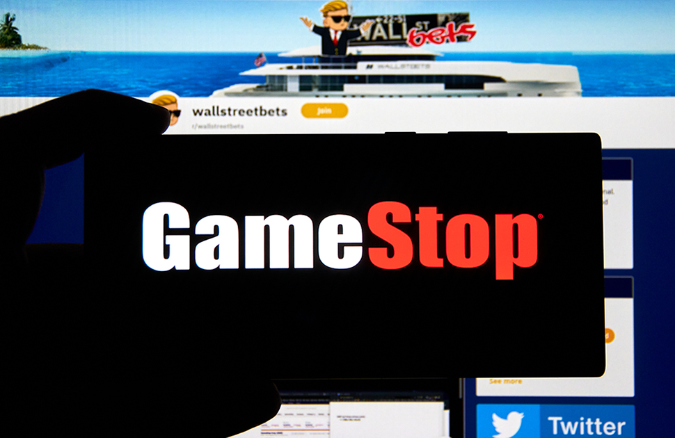 The GameStop logo displayed over the wallstreetbets subreddit webpage in February 2021 via Shutterstock.