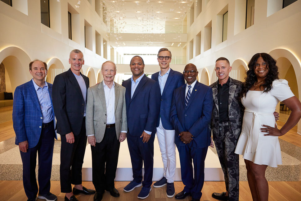 Dallas Mayor Eric Johnson with NMG CEO Geoffroy van Raemdonck and NMG leaders at the retailer's new Cityplace HQ.