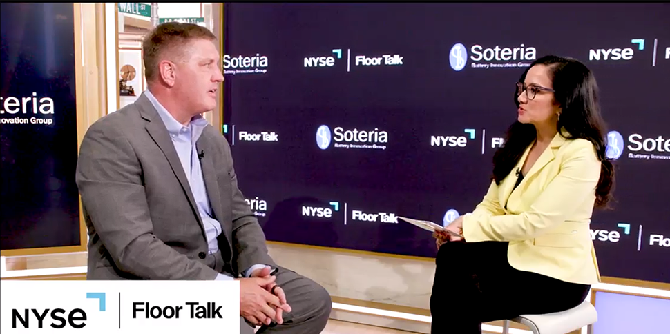Picture of Soteria Battery Innovation Group CEO & founder Brian Morin talking to Judy Khan Shaw on "NYSEFloorTalk"