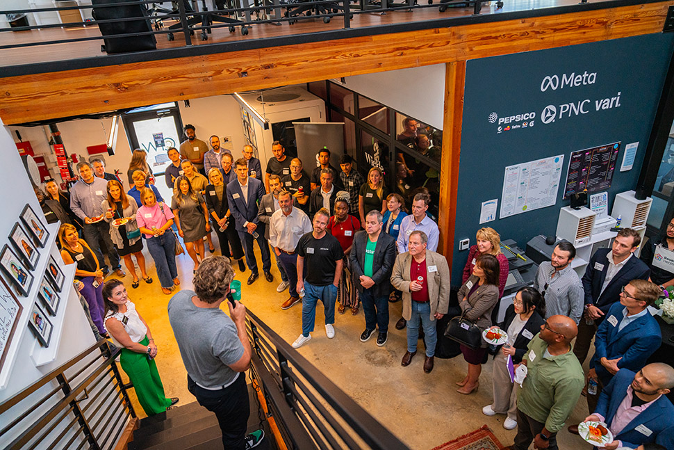 A bird’s-eye view of the crowd at the accelerator’s kickoff event at Create FW. [Photo: Gregory Cortez - OHHHWAVY]