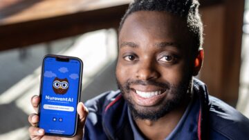 SMU student-entrepreneur Trevor Gicheru, smiling, and posing next to the study app he created.