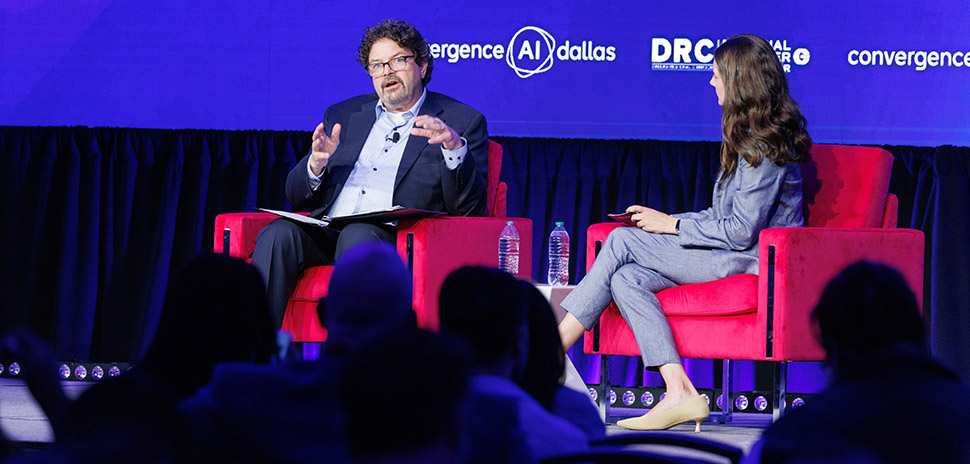 Brad Weber (left), co-chair of Troutman Pepper Locke’s Antitrust and AI Industry Groups, talks with Rebekah Chenelle, VP of Public Policy at the Dallas Regional Chamber, during a session on AI regulation at the 2025 Convergence AI Dallas conference [Photo: Joseph Haubert/Dallas Regional Chamber]