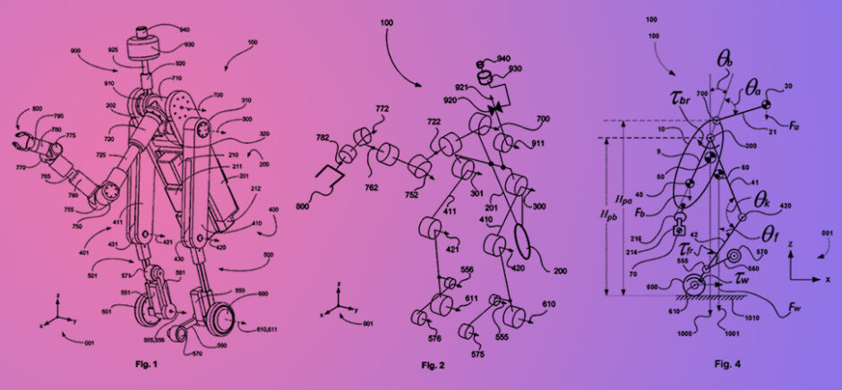 Plano-based inventor Swaminathan Balasubramanian has received a newly granted patent for an "Energy Efficient Legged Mobile Robot." The patent describes a robot with a non-inverted pendulum body and articulated leg system designed to move like a humanoid, carry heavy loads, and minimize joint strain using a self-compensating mass structure. [Source images: USPTO Patent #12263899, left to right: Fig. 1, Fig. 2, Fig. 4; DI Studio background]