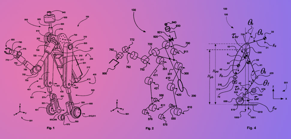 Plano-based inventor Swaminathan Balasubramanian has received a newly granted patent for an "Energy Efficient Legged Mobile Robot." The patent describes a robot with a non-inverted pendulum body and articulated leg system designed to move like a humanoid, carry heavy loads, and minimize joint strain using a self-compensating mass structure. [Source images: USPTO Patent #12263899, left to right: Fig. 1, Fig. 2, Fig. 4; DI Studio background]